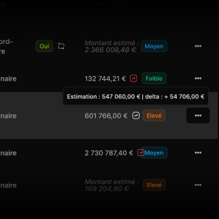 Tableau de bord comparatif estimation/offre avec alertes visuelles