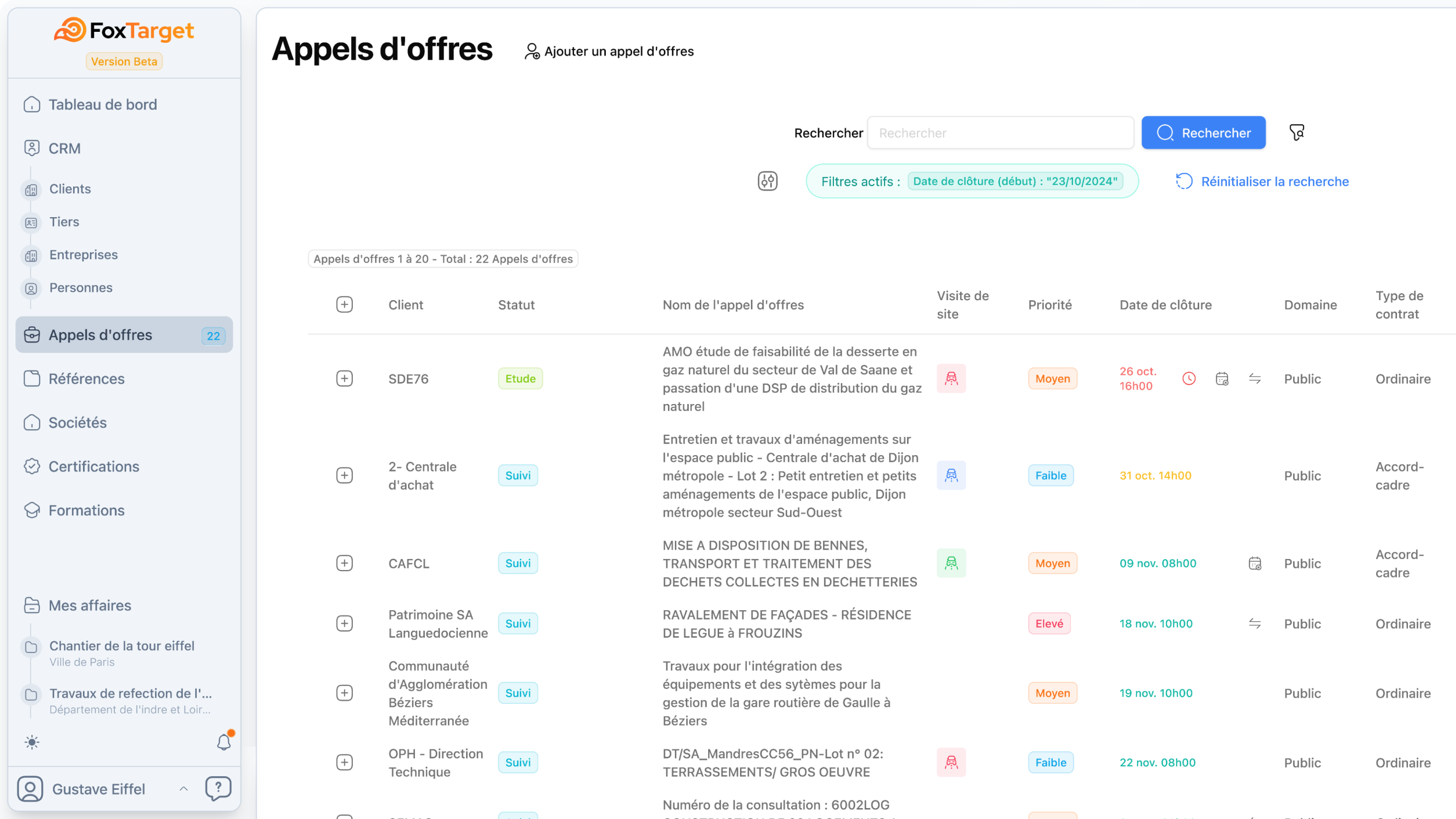 Capture d'écran du CRM FoxTarget pour la gestion des appels d'offres