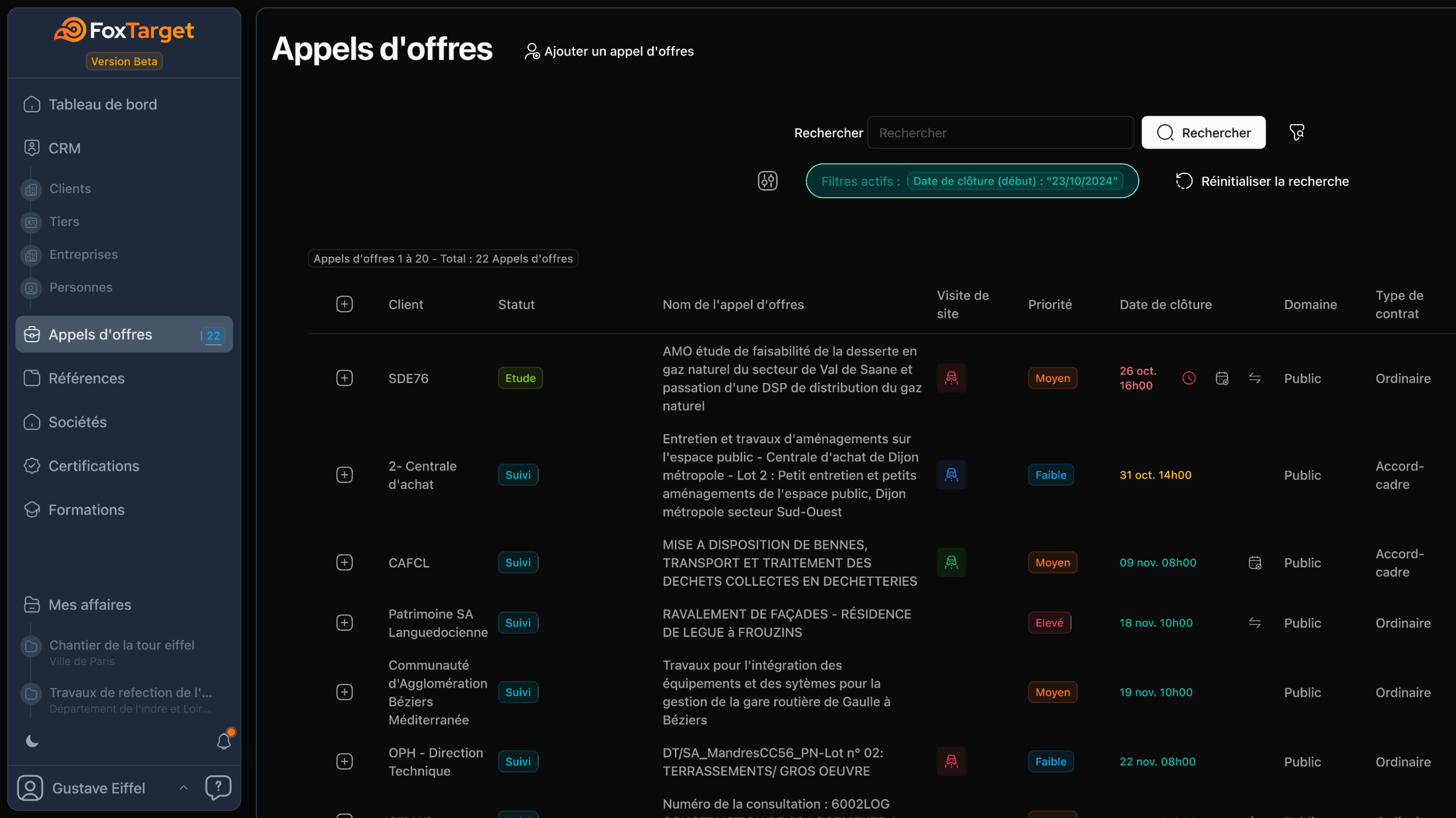 Capture d'écran du CRM FoxTarget pour la gestion des appels d'offres en mode sombre