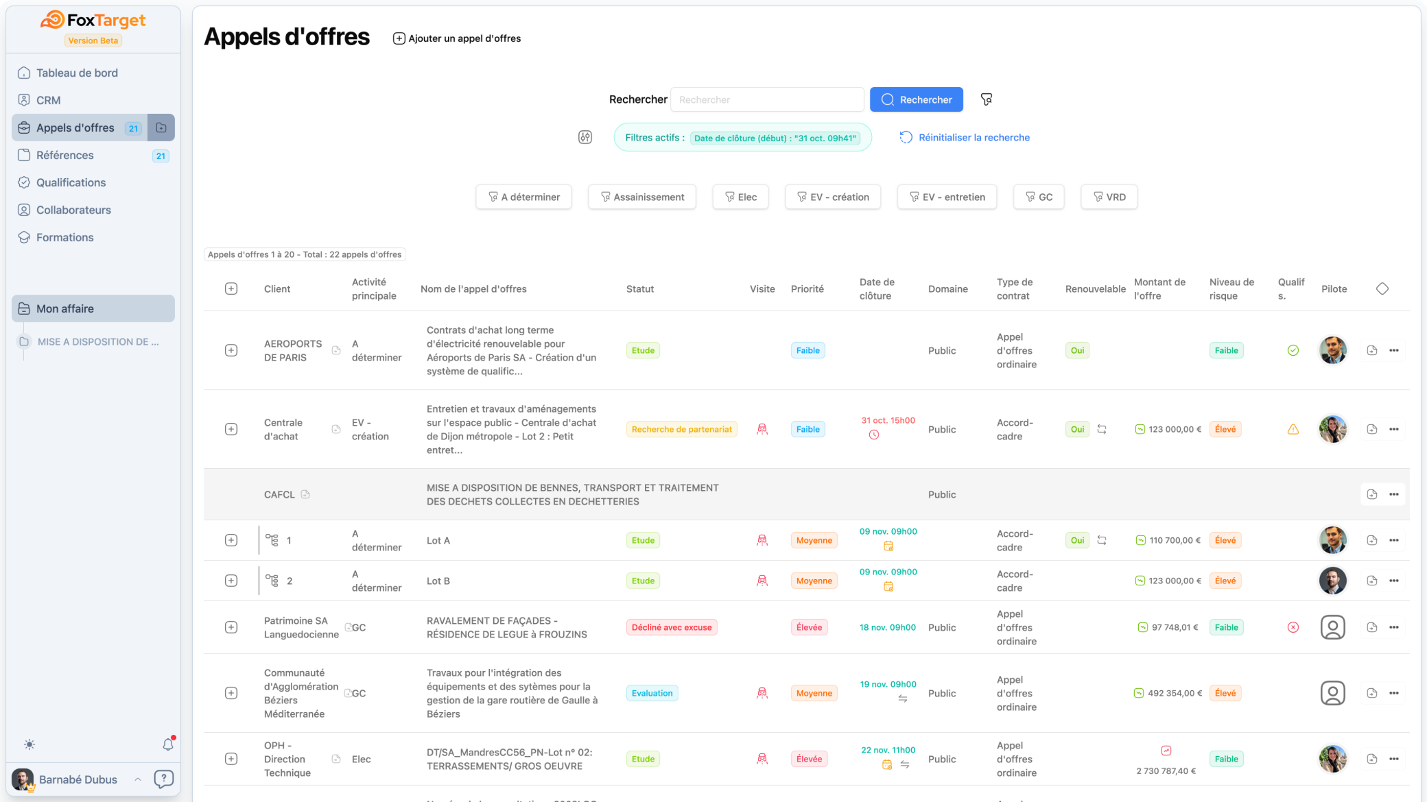 Capture d'écran du CRM FoxTarget pour la gestion des appels d'offres
